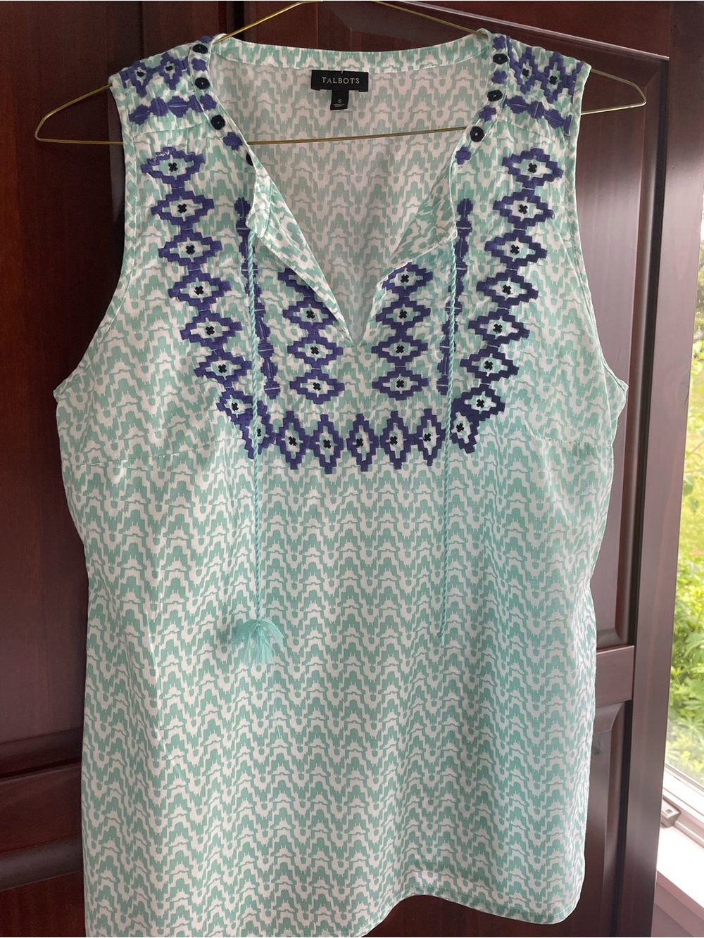 Talbots Mint and Navy Embroidered Sleeveless Tank Top